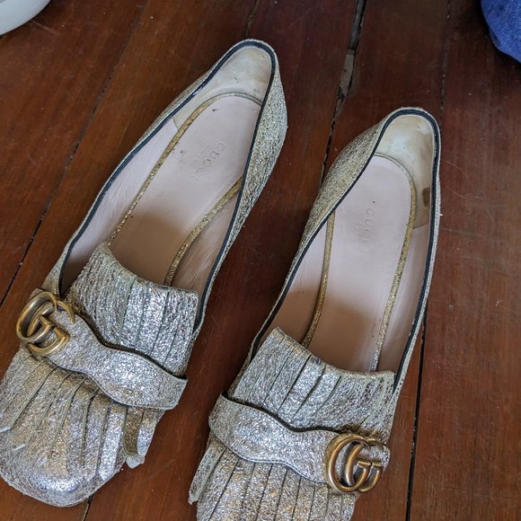 Gucci Shoes - Gucci Galassia Platino Crackle Heels Marmont Loafers Gold